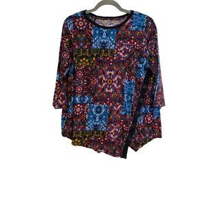 Westbound Woman 1X Tunic Multicolor Patchwork Asymmetric Hem Button Detail Artsy
